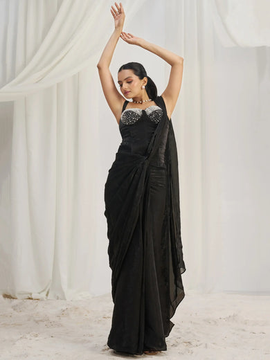 Fascinating Black Organza Party Wear Saree With Corset Blouse